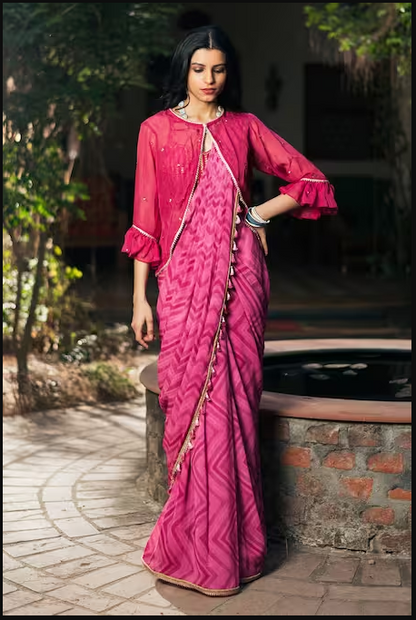 Studio Bagechaa Women Pink Silk Pre-draped Chevron Print Saree And Jacket Set