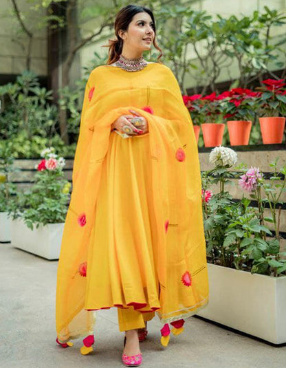 Yellow Rayon Casual Wear Anarkali Frock Suit