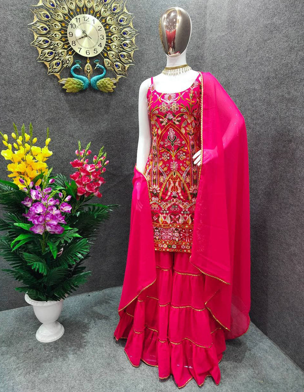 Pink Georgette Embroidery Partrywear Sharara Suit