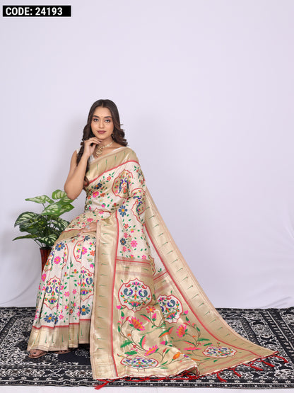 Off white color paithani silk saree with zari weaving work