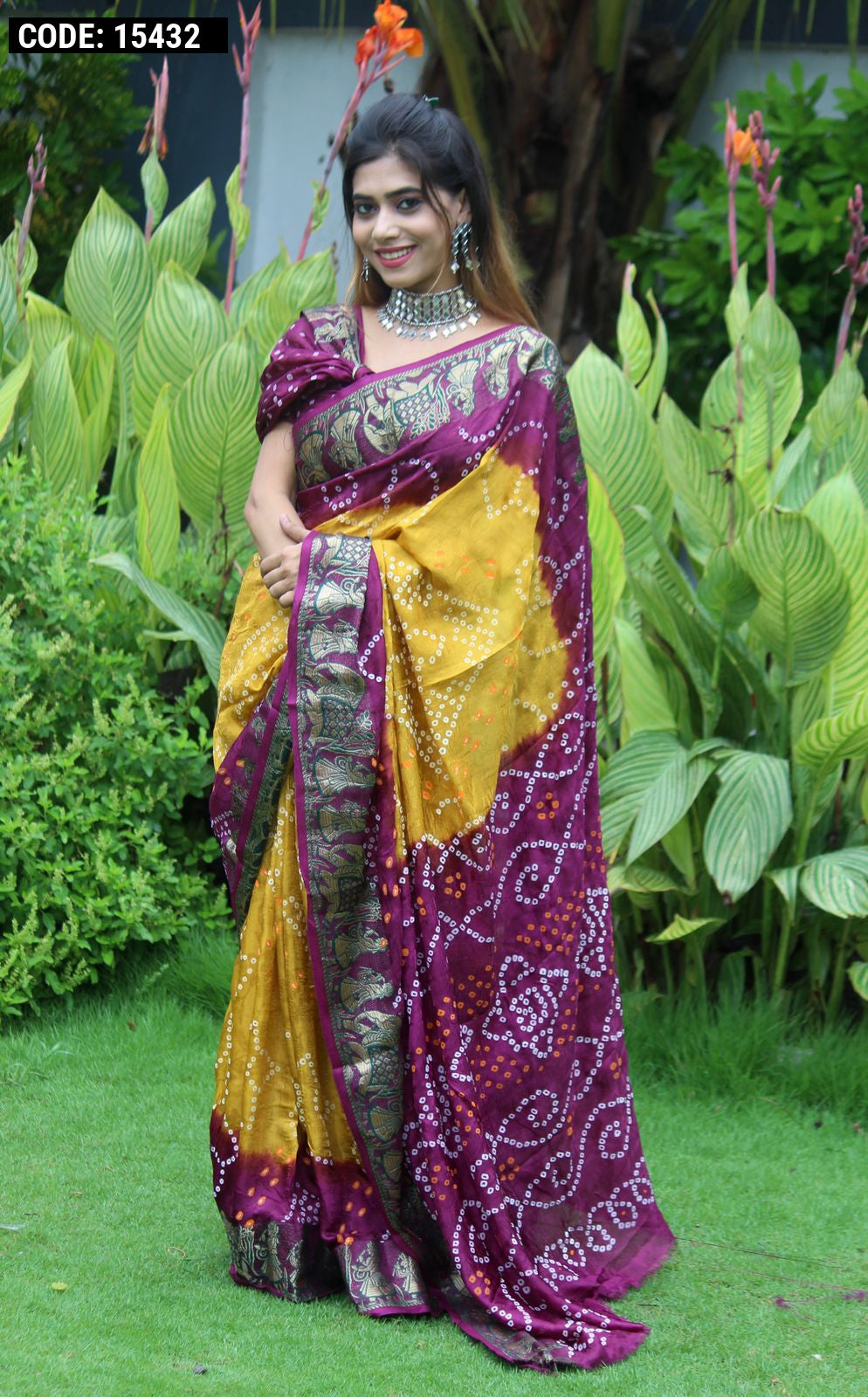 Multi color bandhani saree with khadi printed work