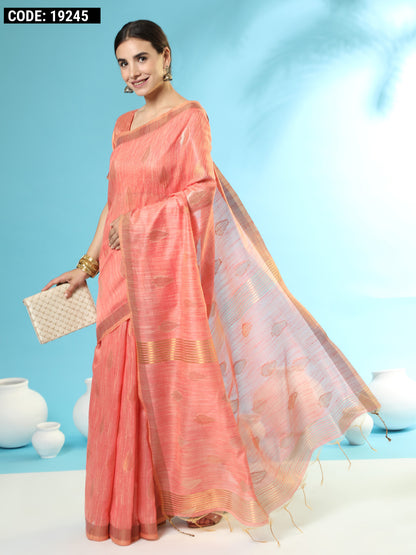 Peach color soft linen silk saree with zari weaving work