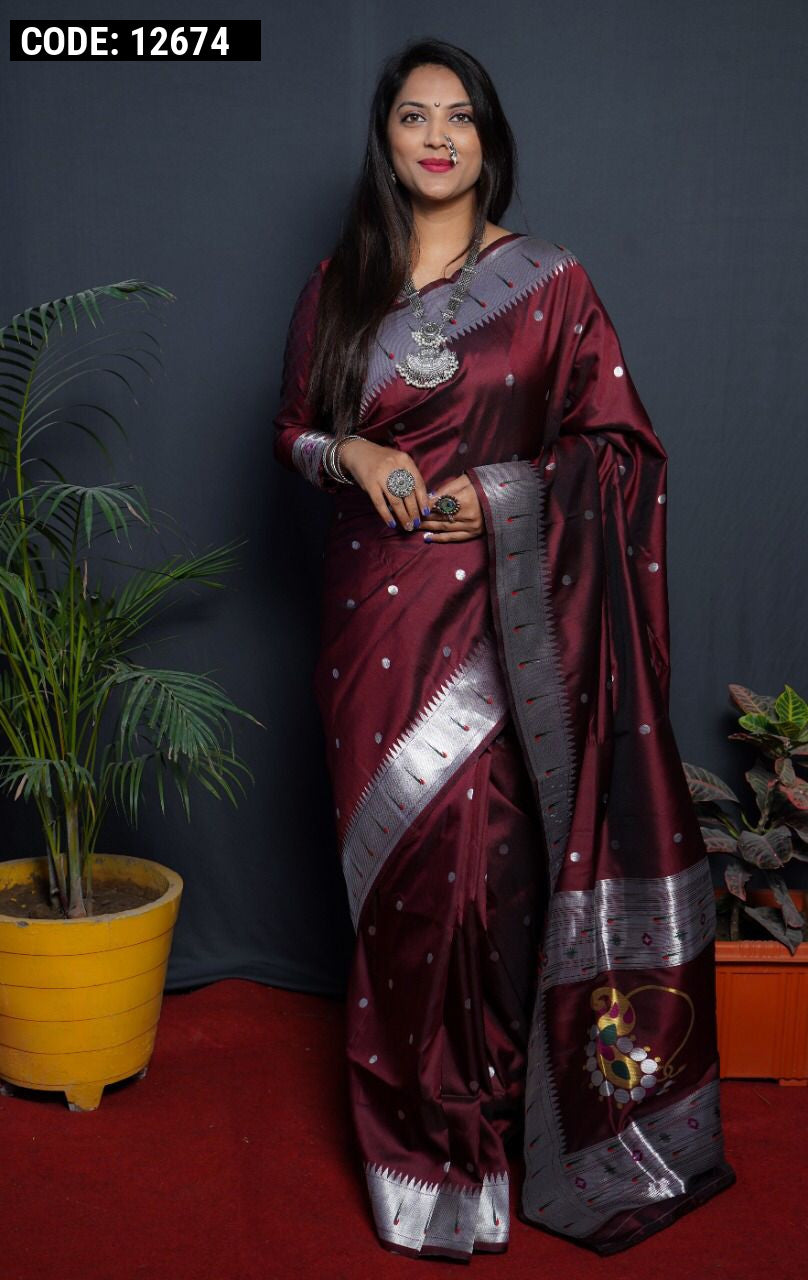 Coffee color soft paithani silk saree with zari weaving work