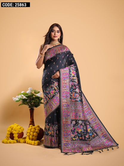 Black color soft banarasi silk saree with zari weaving work