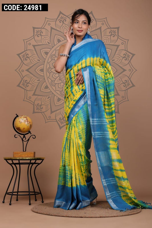 Multi color soft linen cotton saree with shibori printed work