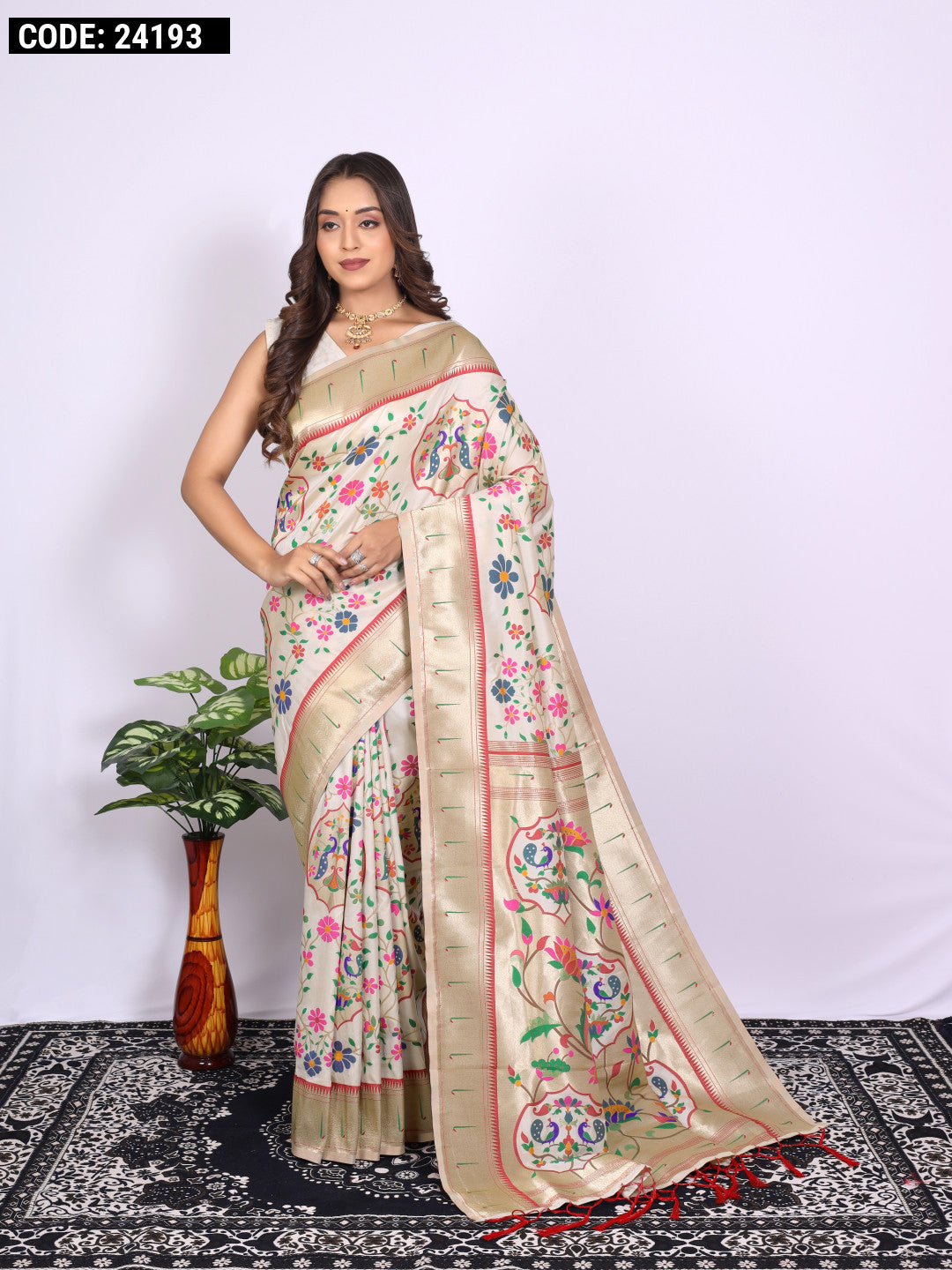 Off white color paithani silk saree with zari weaving work