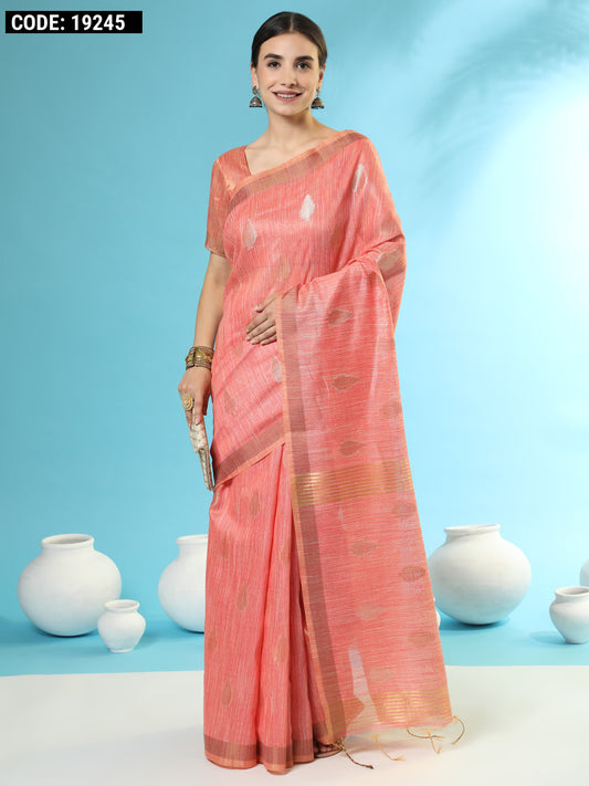 Peach color soft linen silk saree with zari weaving work