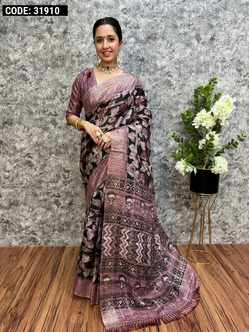 Black and magenta color soft cotton silk saree with digital printed work