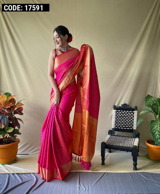 Rani pink color patola silk saree with zari woven work