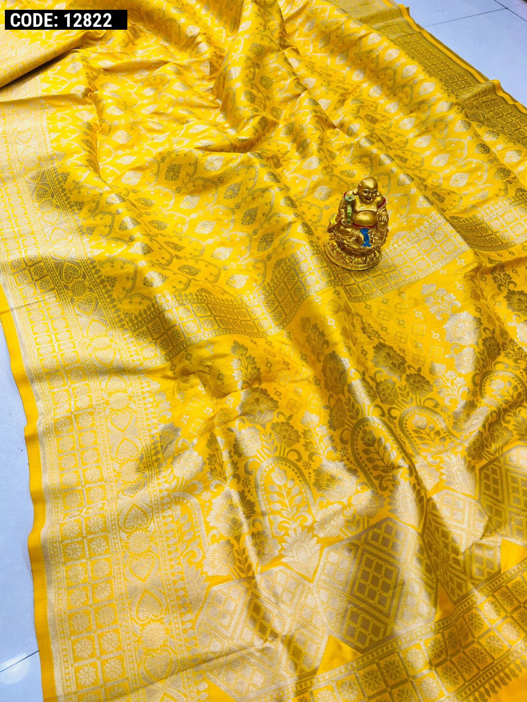 Yellow color banarasi silk saree with golden zari weaving work