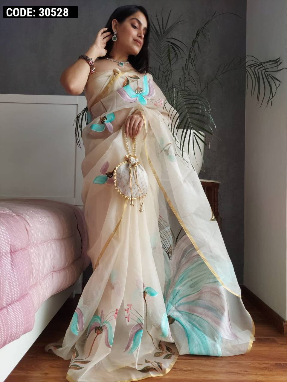 Organza Digital Printed Beige Saree