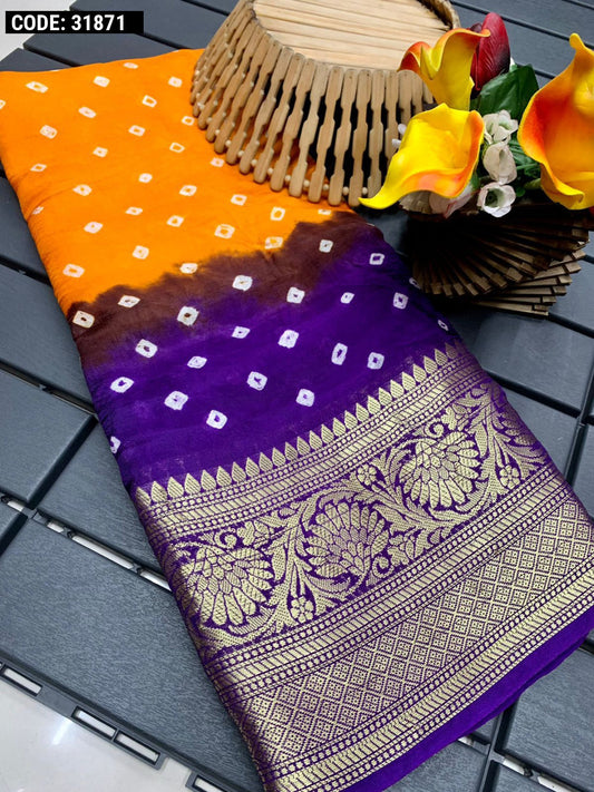 Multi color hand bandhej silk saree with zari weaving work