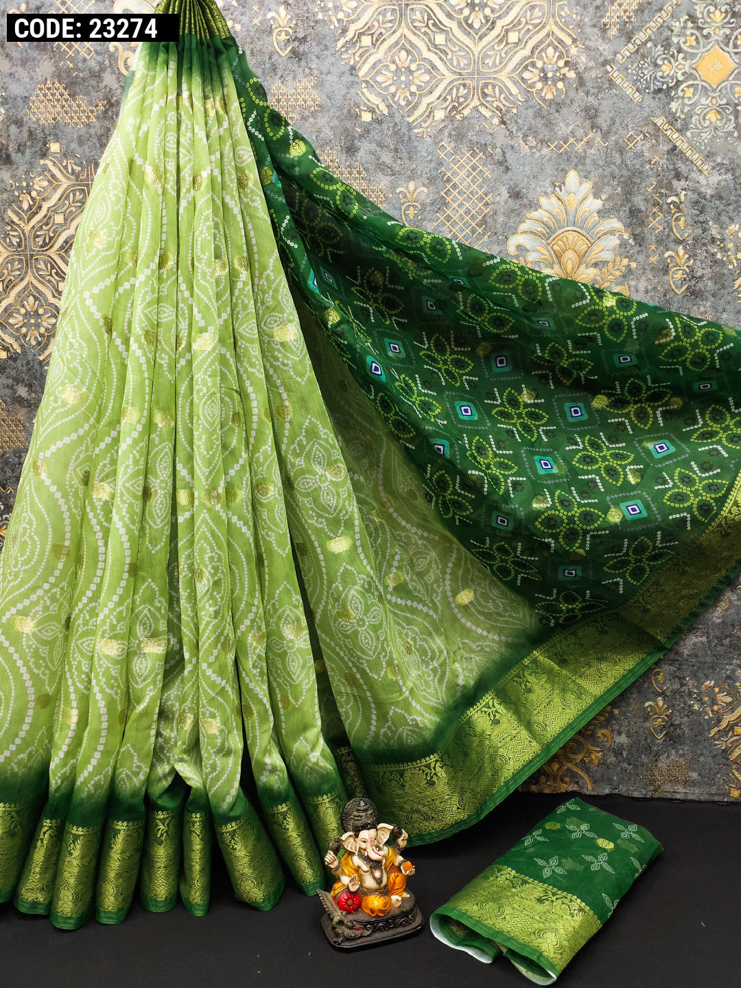 Pista green color soft cotton silk saree with bandhani printed work