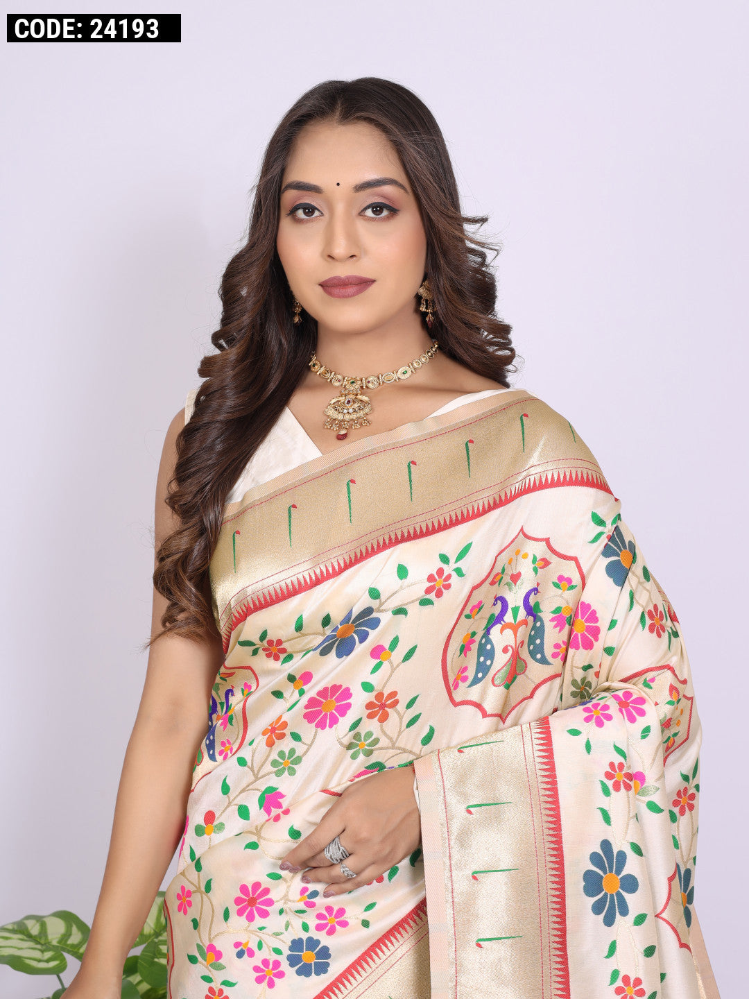 Off white color paithani silk saree with zari weaving work