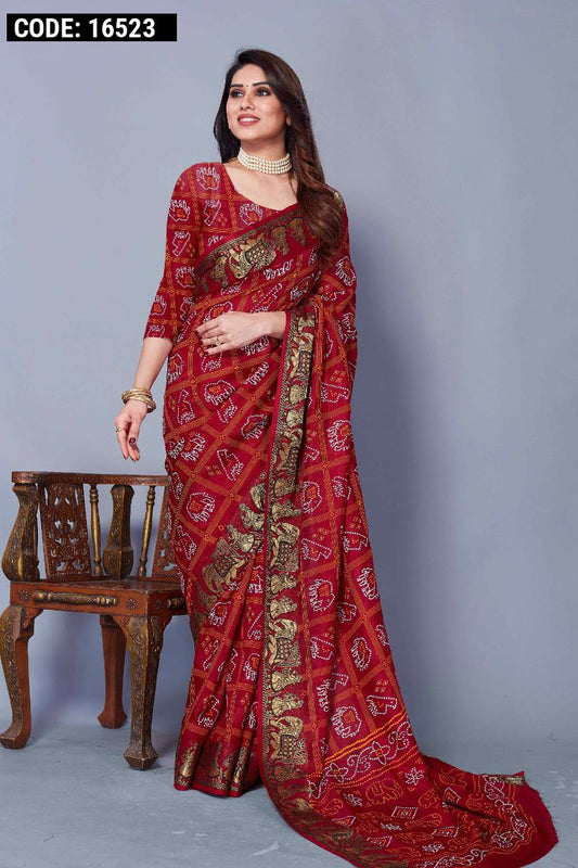 Maroon color bandhani silk saree with khadi printed work