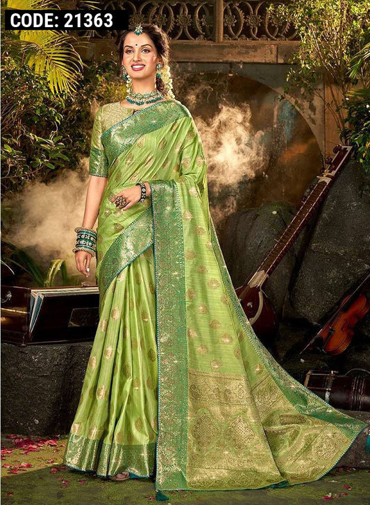 Pista green color soft banarasi silk saree with zari weaving work