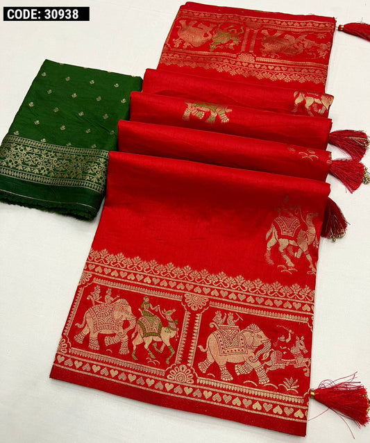 Red color dola silk saree with zari weaving work