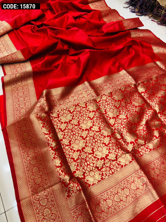 Red color soft kanchipuram silk saree with golden zari weaving work