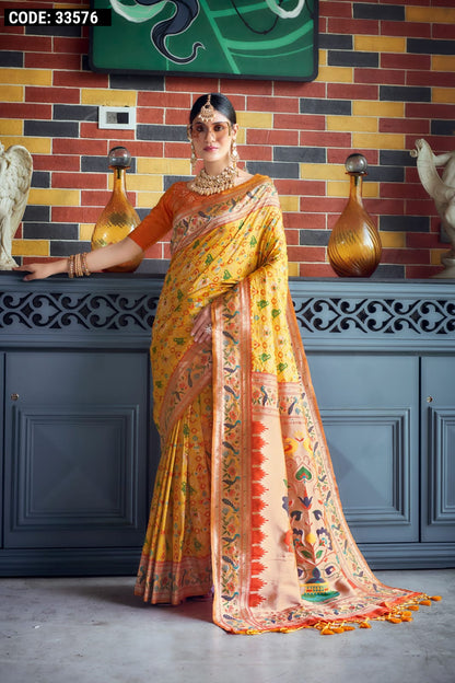 Yellow color patola silk saree with zari weaving work