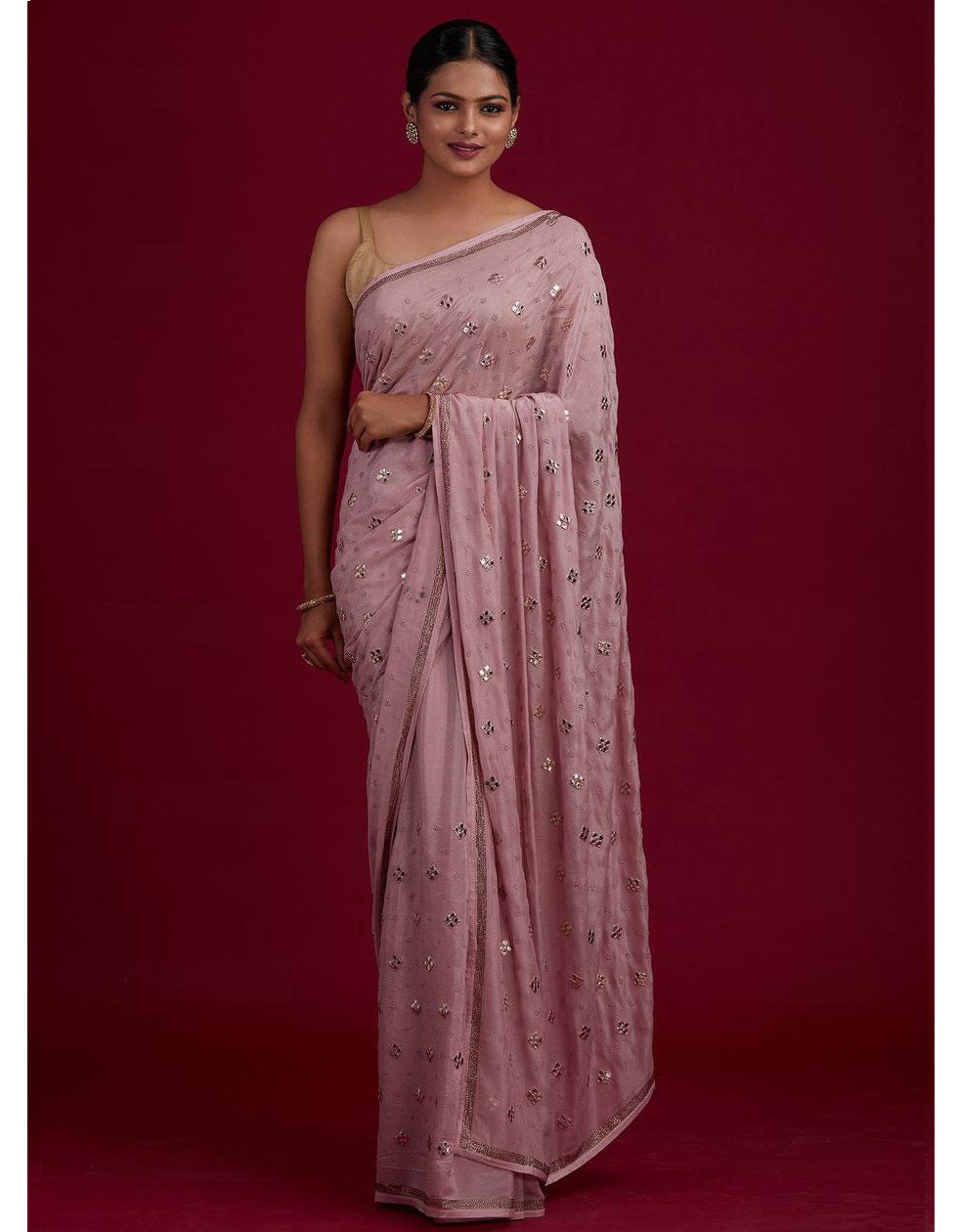 Pink Chinon Silk Embroidery Partywear Saree