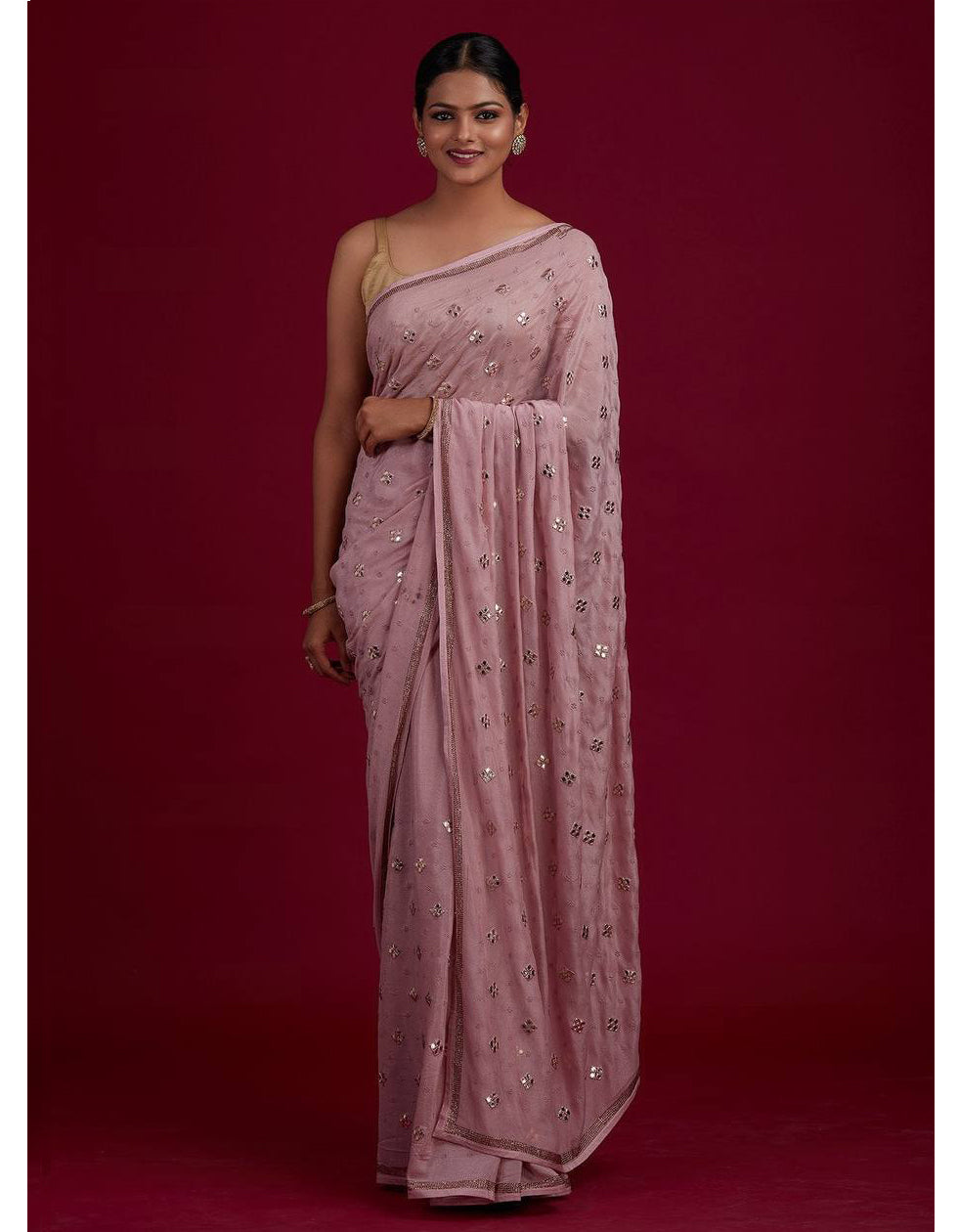 Pink Chinon Silk Embroidery Partywear Saree