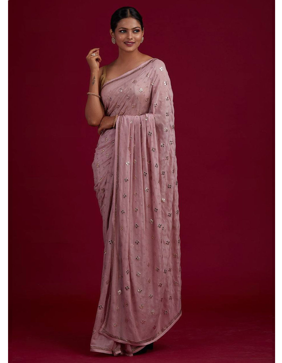 Pink Chinon Silk Embroidery Partywear Saree