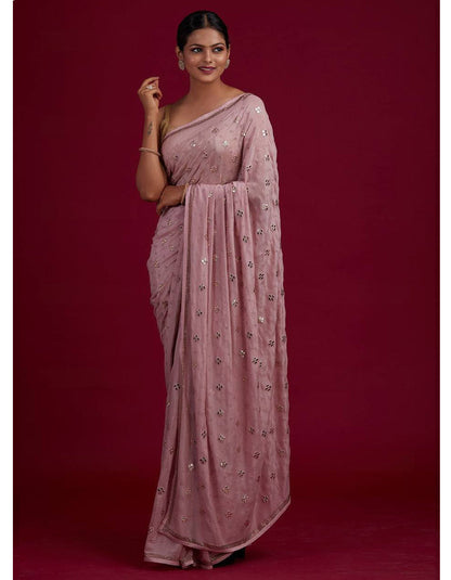 Pink Chinon Silk Embroidery Partywear Saree