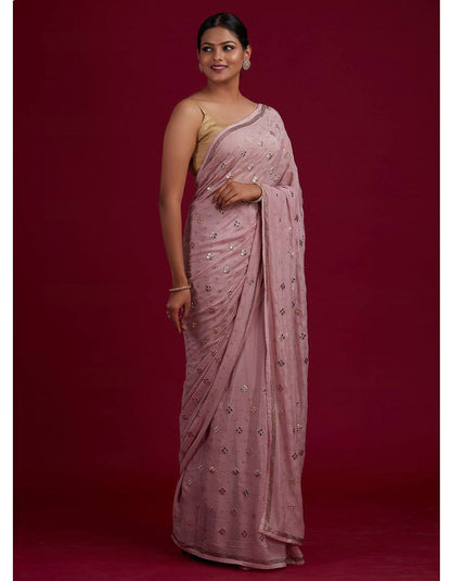 Pink Chinon Silk Embroidery Partywear Saree