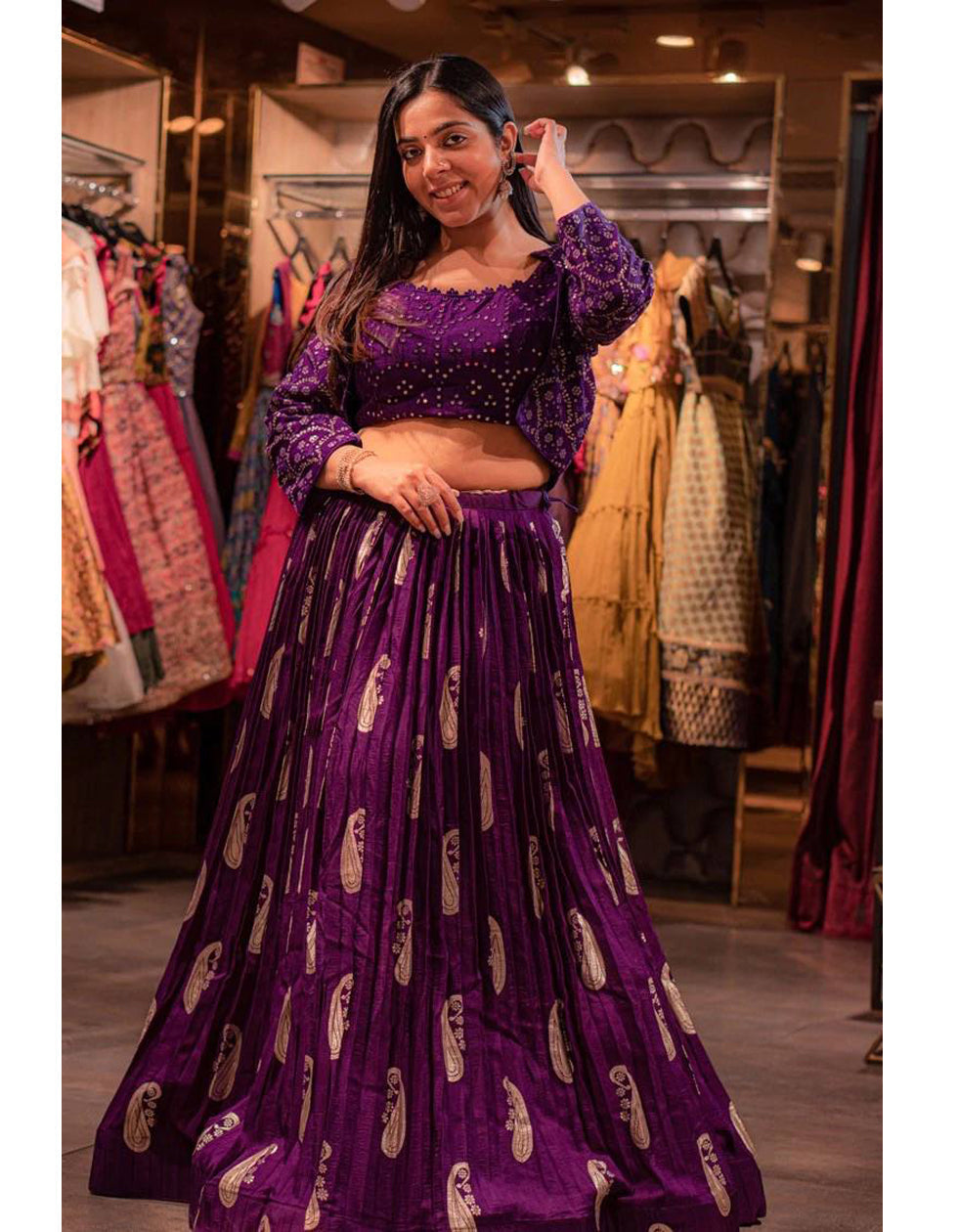 Purple Georgette Embroidery Partywear Crop Top Lehenga With Koti