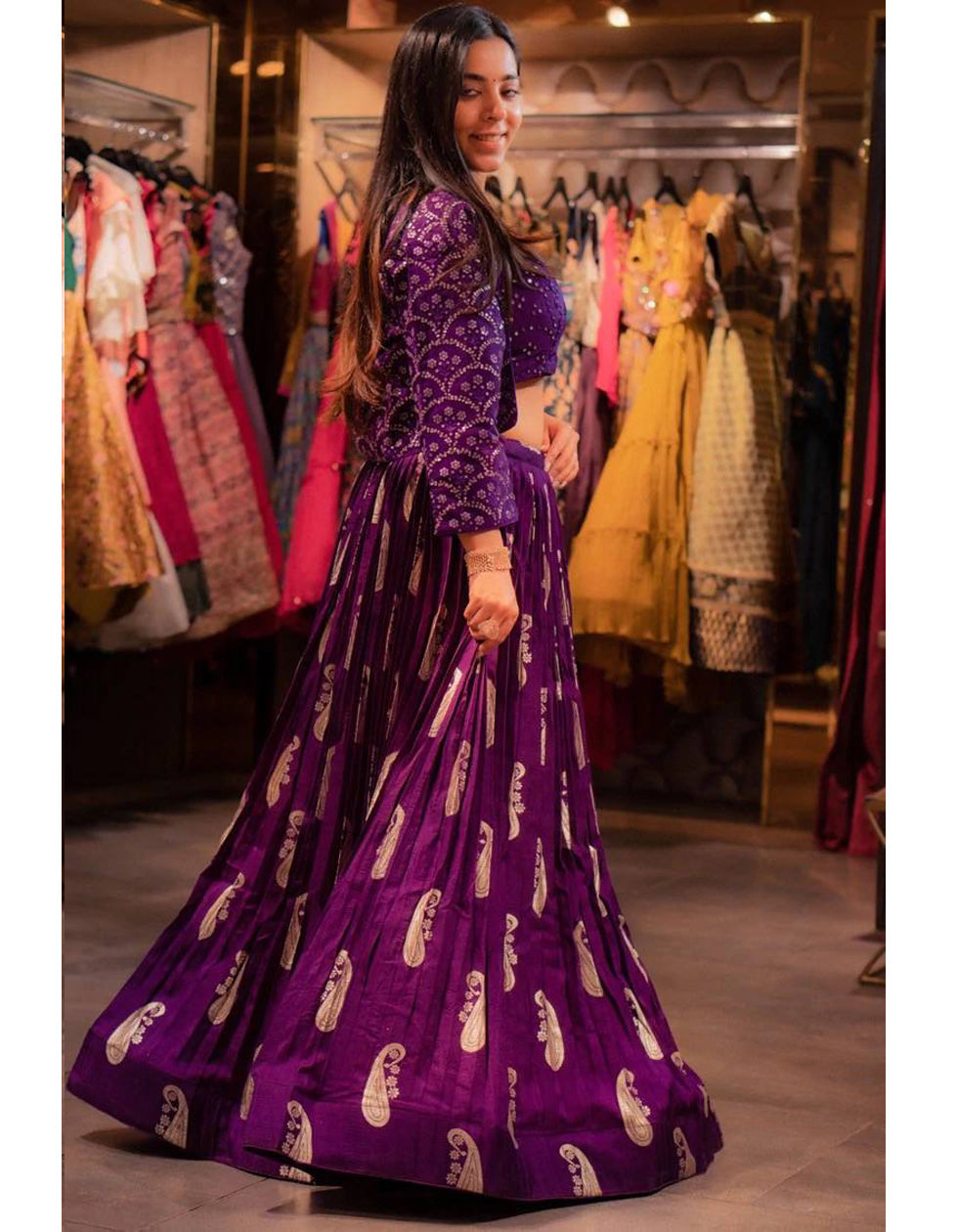 Purple Georgette Embroidery Partywear Crop Top Lehenga With Koti