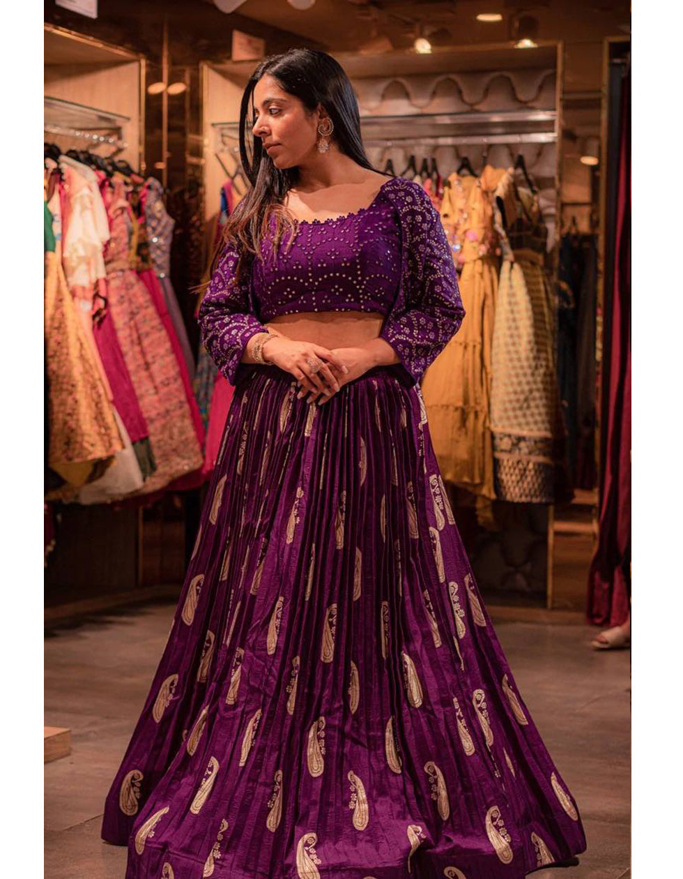 Purple Georgette Embroidery Partywear Crop Top Lehenga With Koti