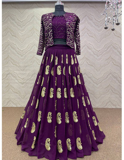 Purple Georgette Embroidery Partywear Crop Top Lehenga With Koti