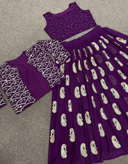 Purple Georgette Embroidery Partywear Crop Top Lehenga With Koti