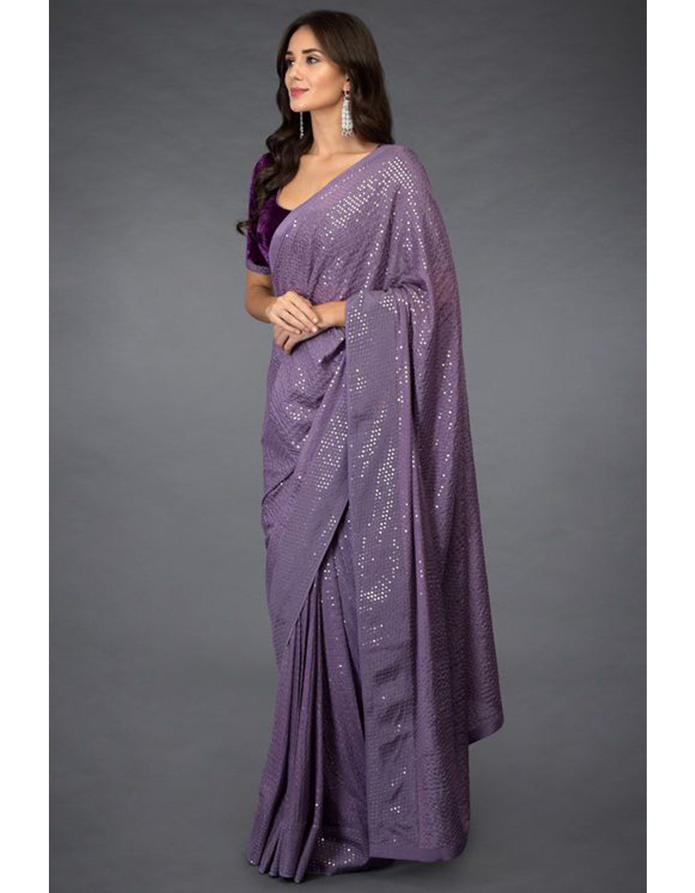 Purple Georgette Sequin Work Designer Saree