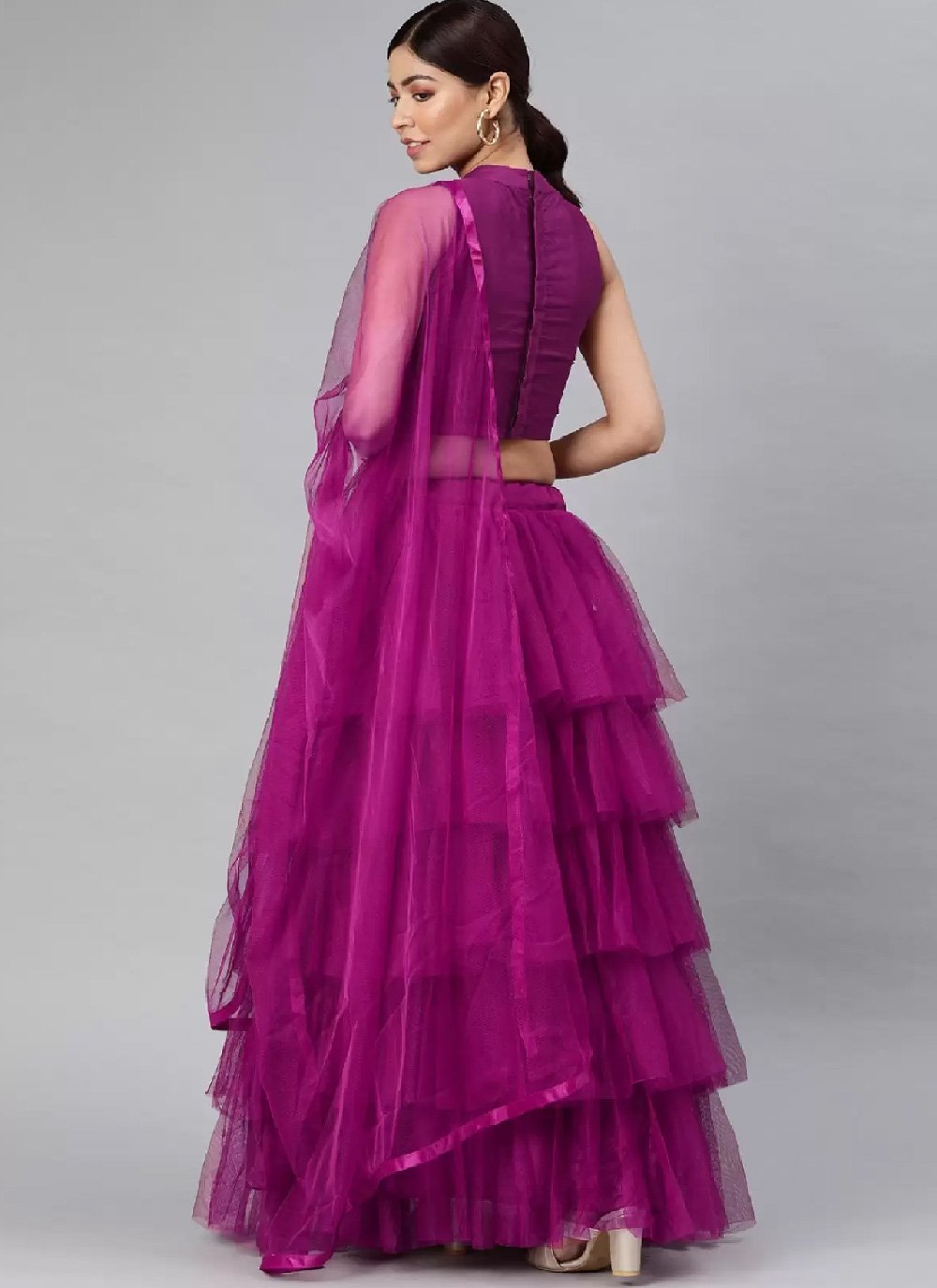 Purple Net Ruffle Designer Wedding Wear Lehenga Choli