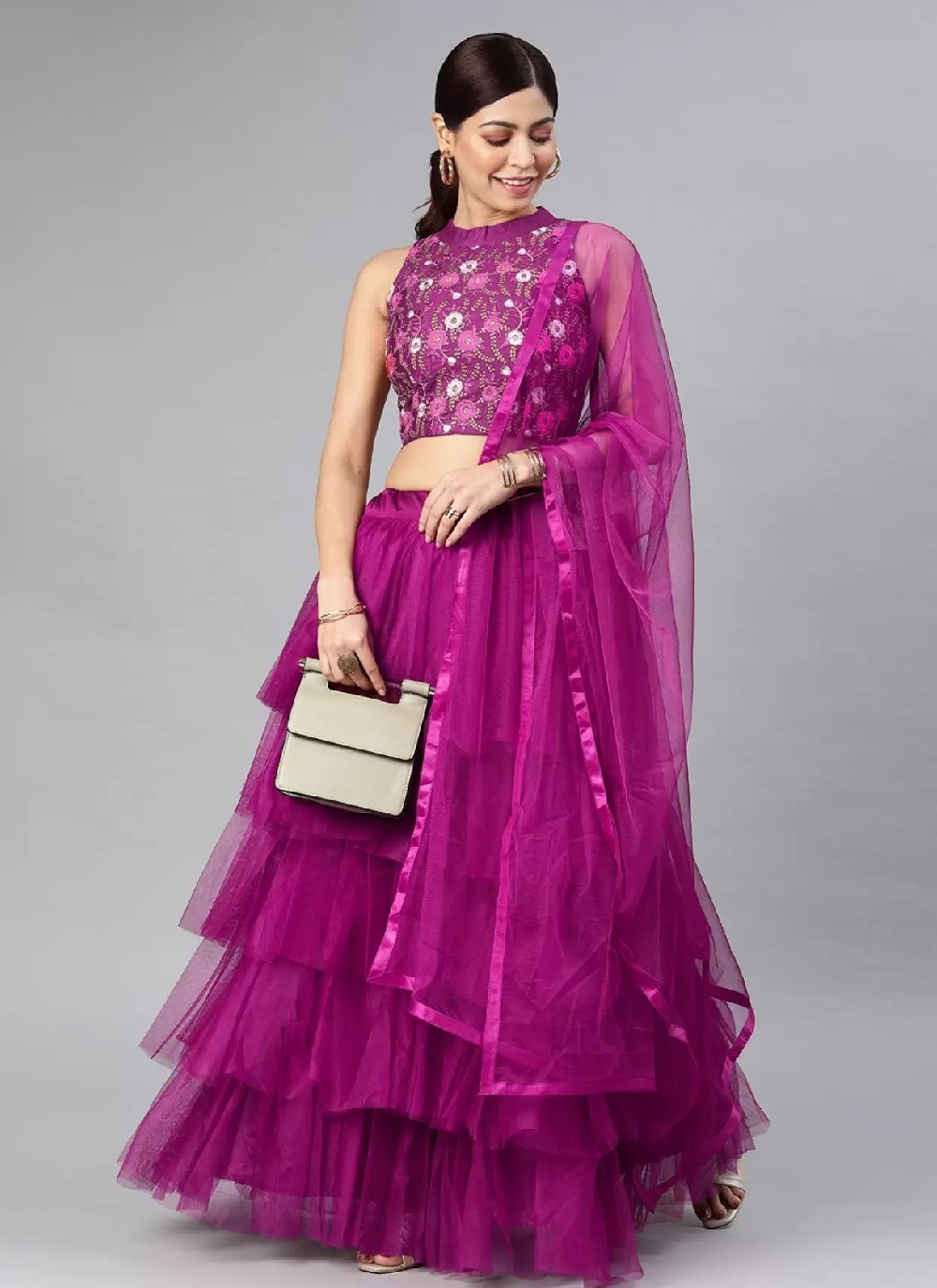 Purple Net Ruffle Designer Wedding Wear Lehenga Choli