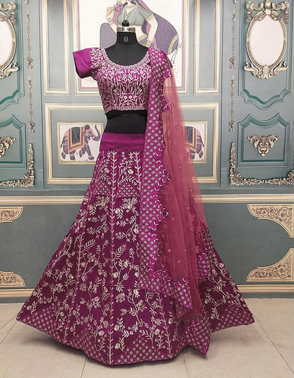 Purple Thread Work Taffeta Silk Wedding Wear Lehenga Choli