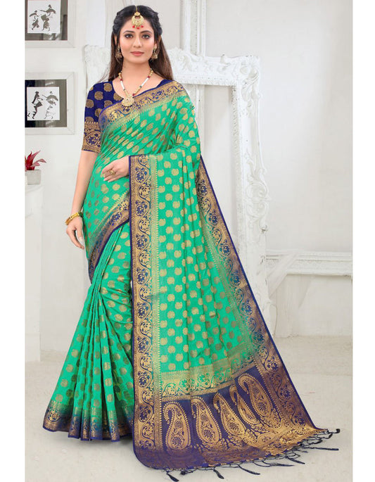 Rama Green Lichi Silk Jari Work Saree For Women