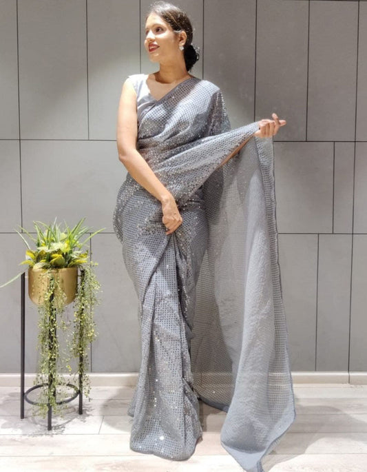 Grey Georgette Sequin Work Partywear Saree