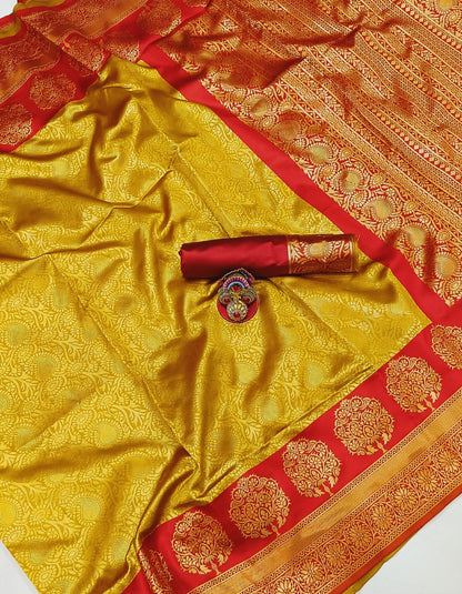 Yellow Soft Lichi Silk Bridal Wear Saree