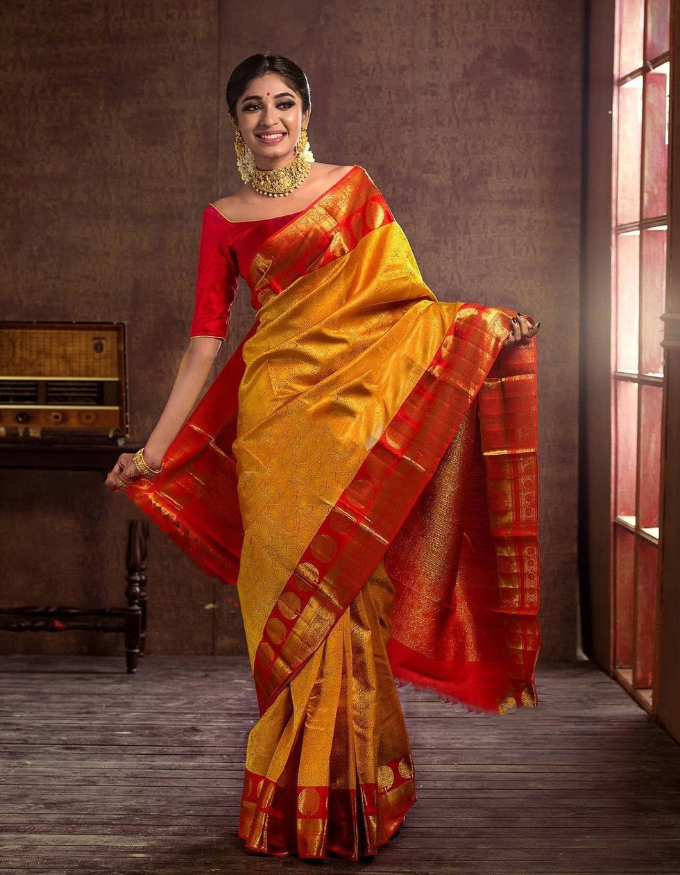 Yellow Soft Lichi Silk Bridal Wear Saree