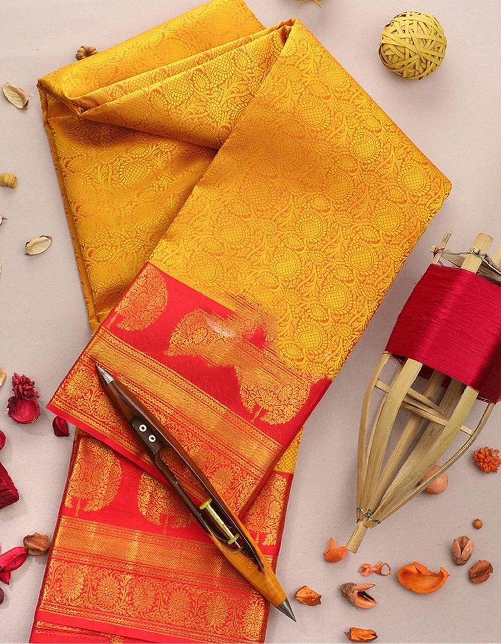 Yellow Soft Lichi Silk Bridal Wear Saree