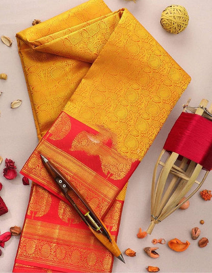 Yellow Soft Lichi Silk Bridal Wear Saree