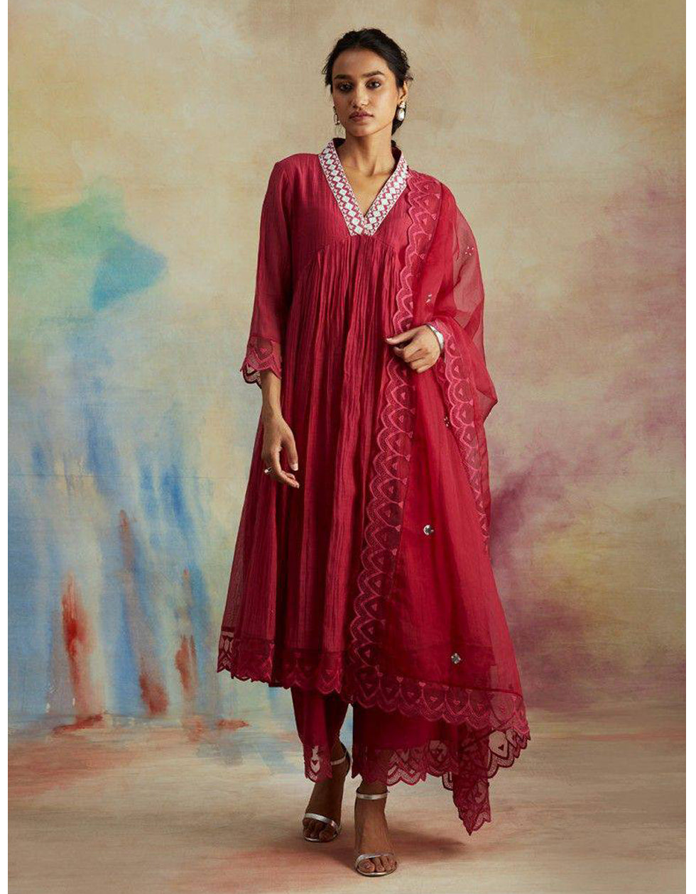 Red Cotton Silk Embroidery Wedding Wear Anarkali Suit