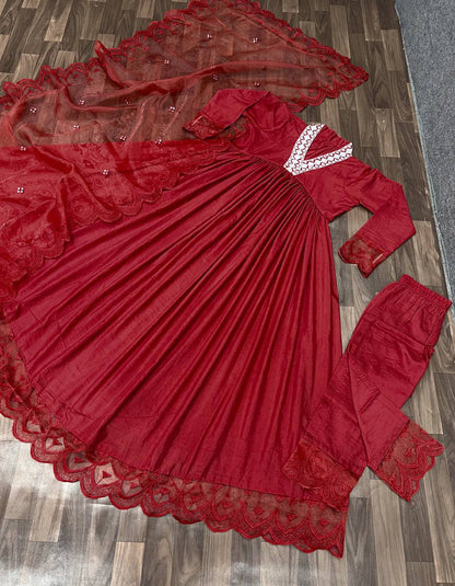 Red Cotton Silk Embroidery Wedding Wear Anarkali Suit