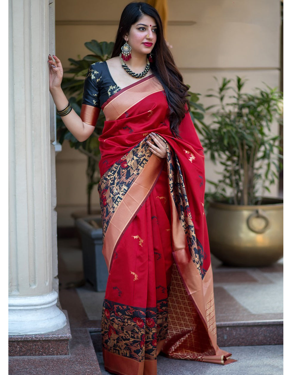 Red Lichi Silk Golden Jari Work Saree