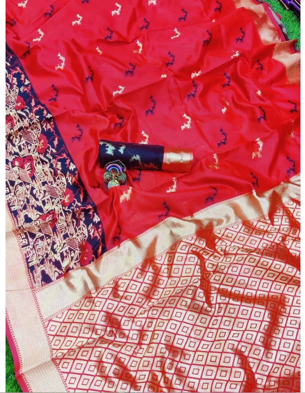 Red Lichi Silk Golden Jari Work Saree