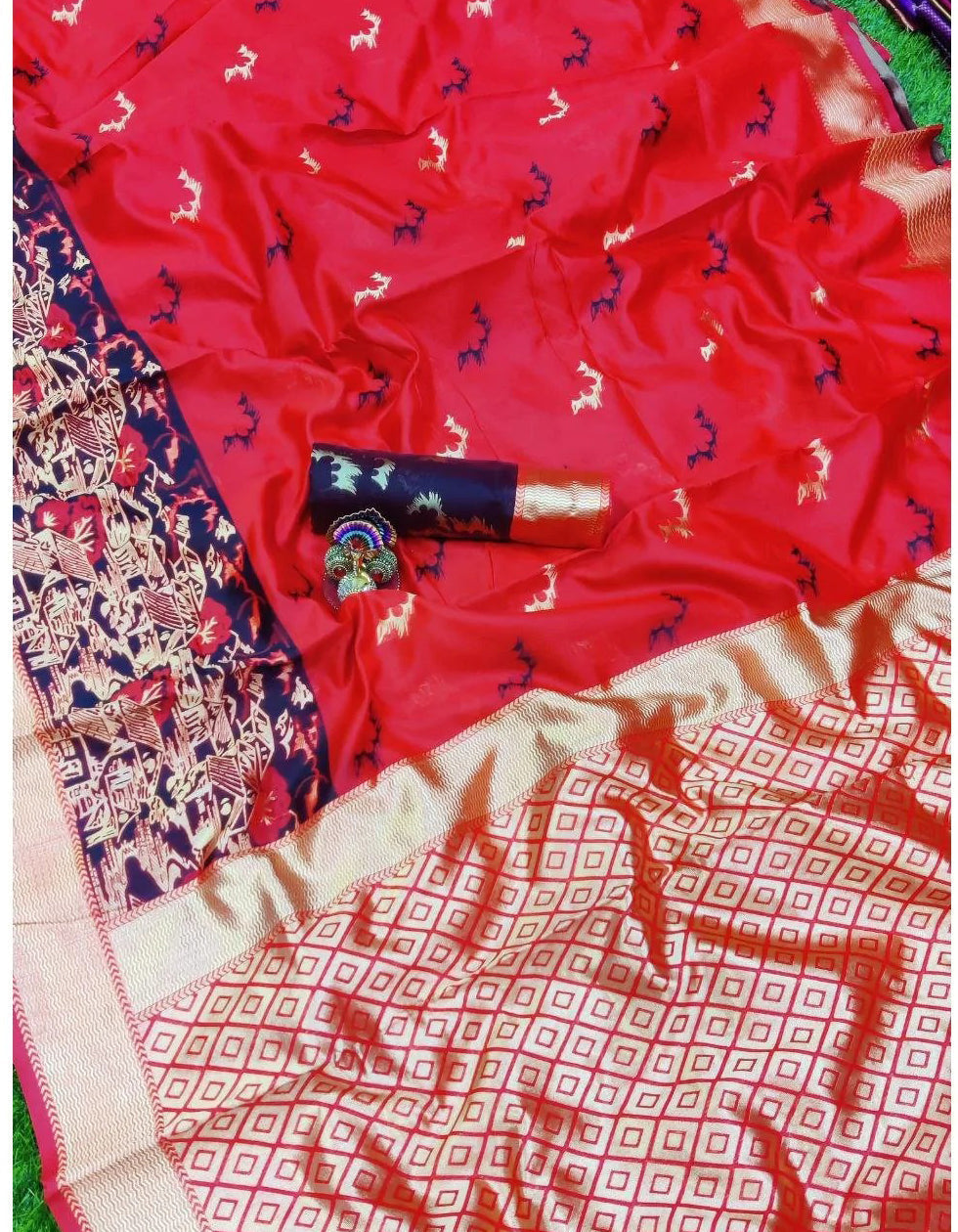 Red Lichi Silk Golden Jari Work Saree