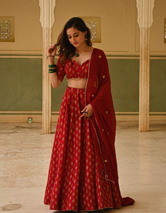 Red Malai Satin Foil Printed Lehenga Choli