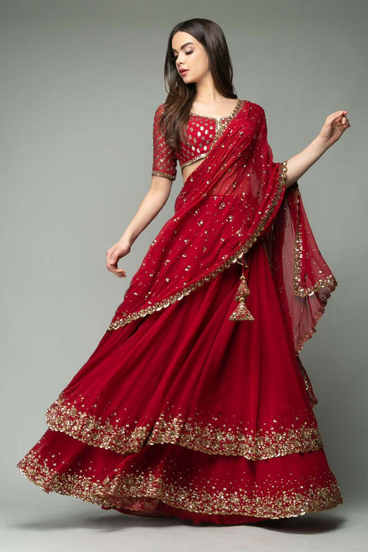 Resplendent Red Color Trendy Sequence Work Ruffle Lehenga Choli